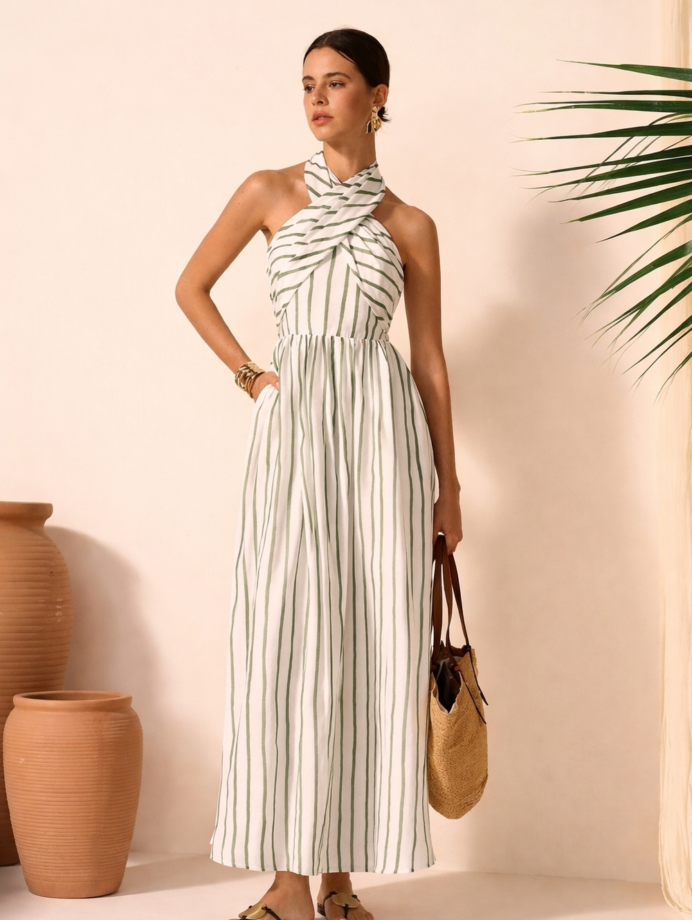 Rare Color Commense Striped Halter Maxi Dress M